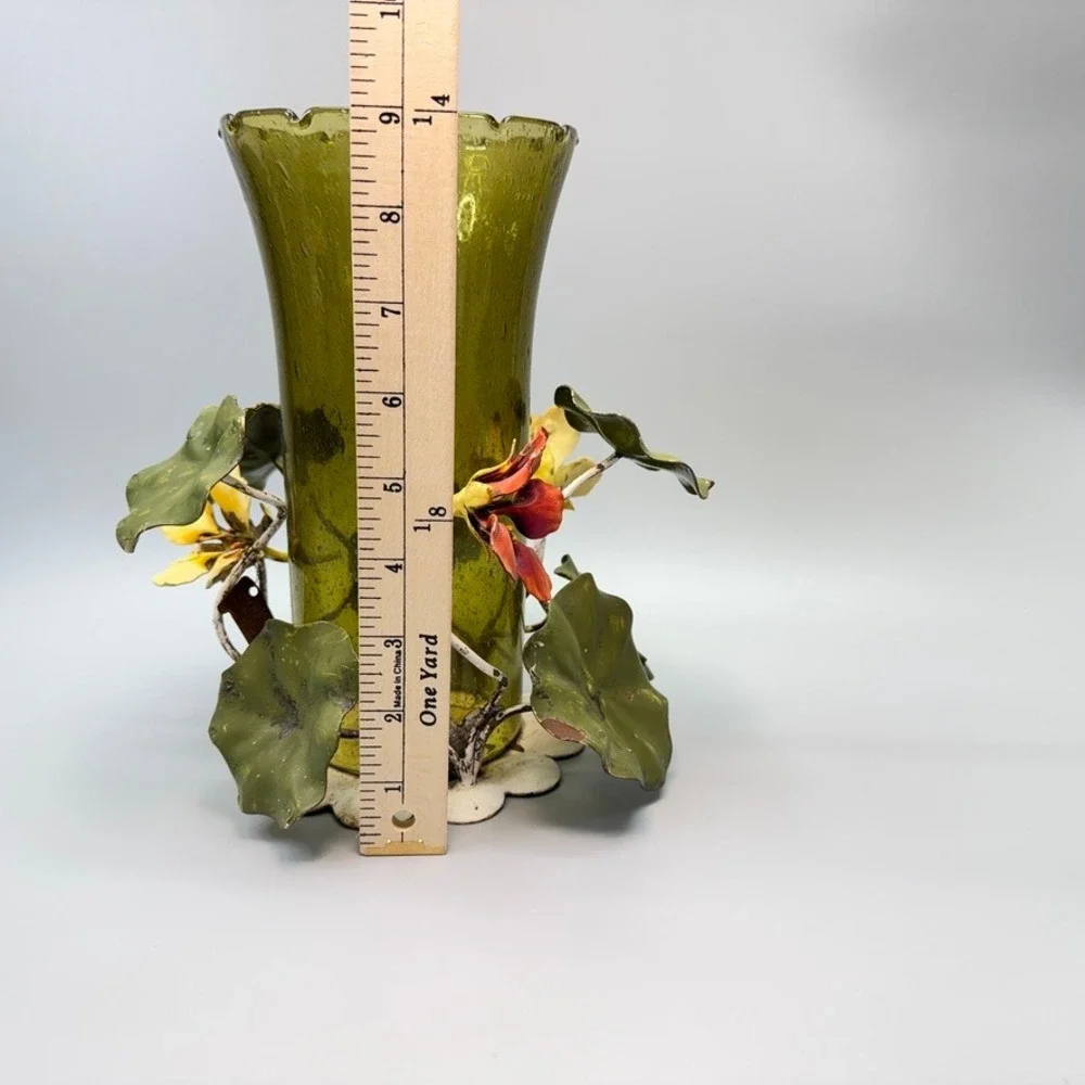 Vintage Walter Hatches Floral Tole Green Hurricane Glass Table Candle Holder